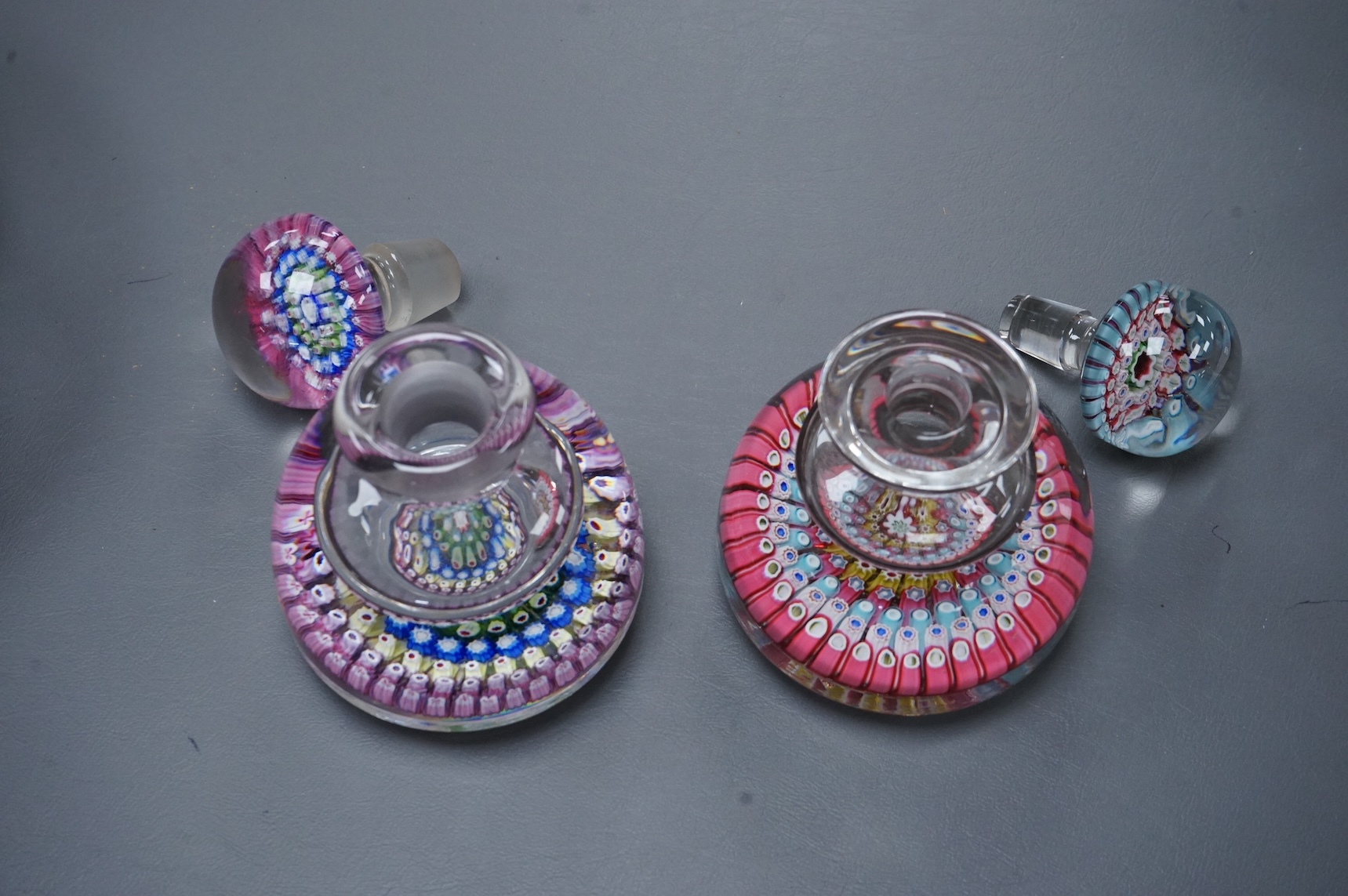 Two Whitefriars millefiori inkwells with stoppers, tallest 17cm high.